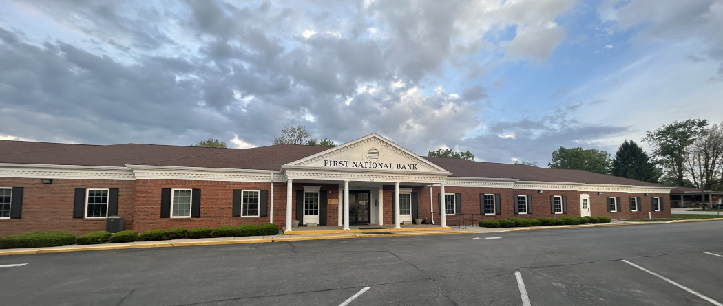 First National Bank Cloverdale Main location with a modern exterior, easy-to-find entrance, and convenient customer parking.